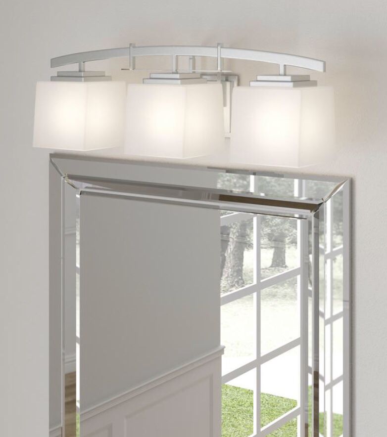 ARCHITECTURE 3-LIGHT BRUSHED NICKEL VANITY FIXTURE WITH ECTHED GLASS