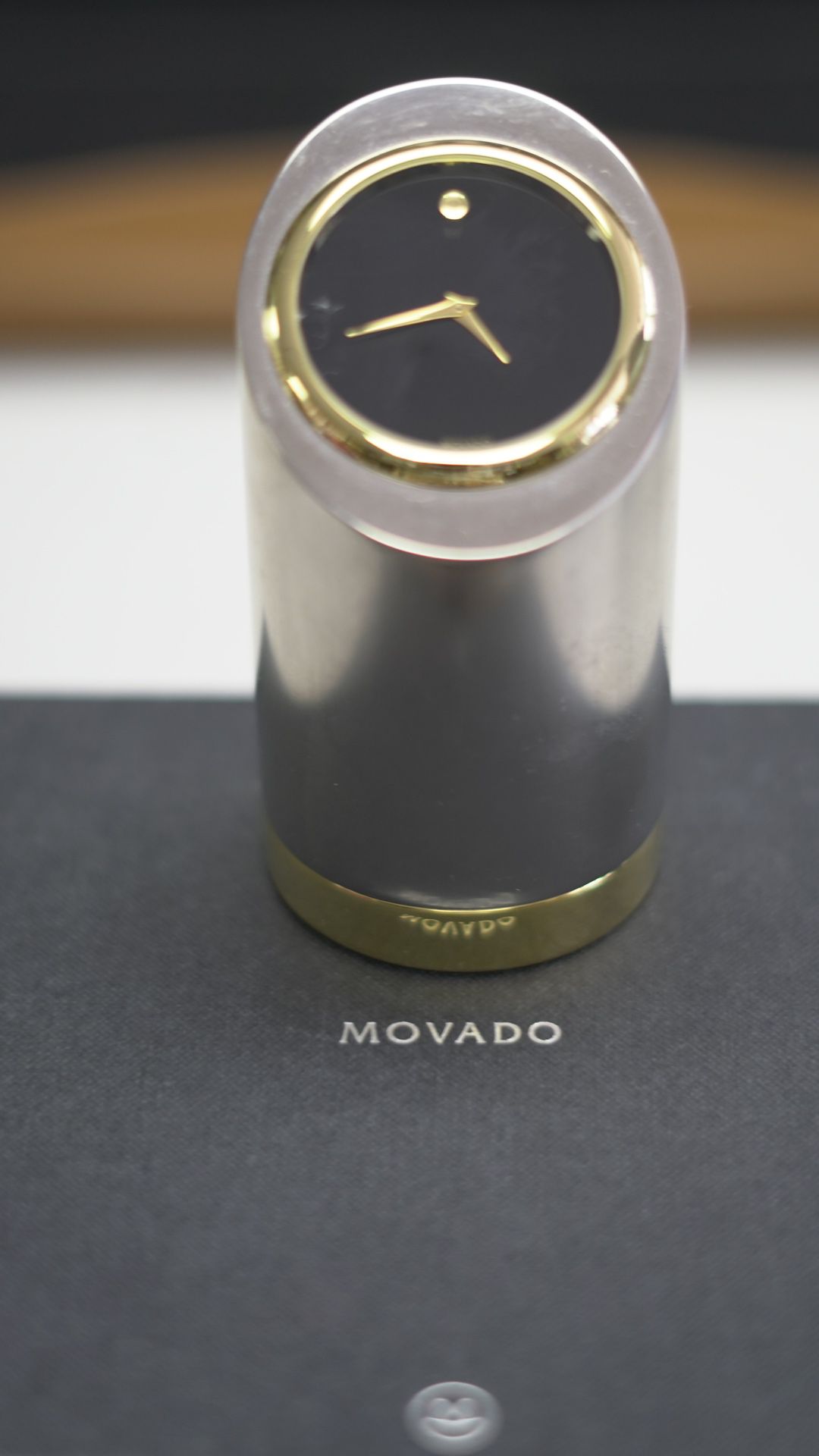 Excellent Movado Chrome & Brass Tower Desk Clock w/ Box