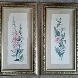 Two Framed Floral Wall Art Pieces by Artist Carol Robinson 12.5 W x 23" H
