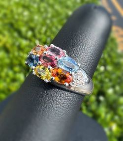 Jewelry 10k solid white gold 4.5CTW multicolour stones rainbow ring sz 7.00