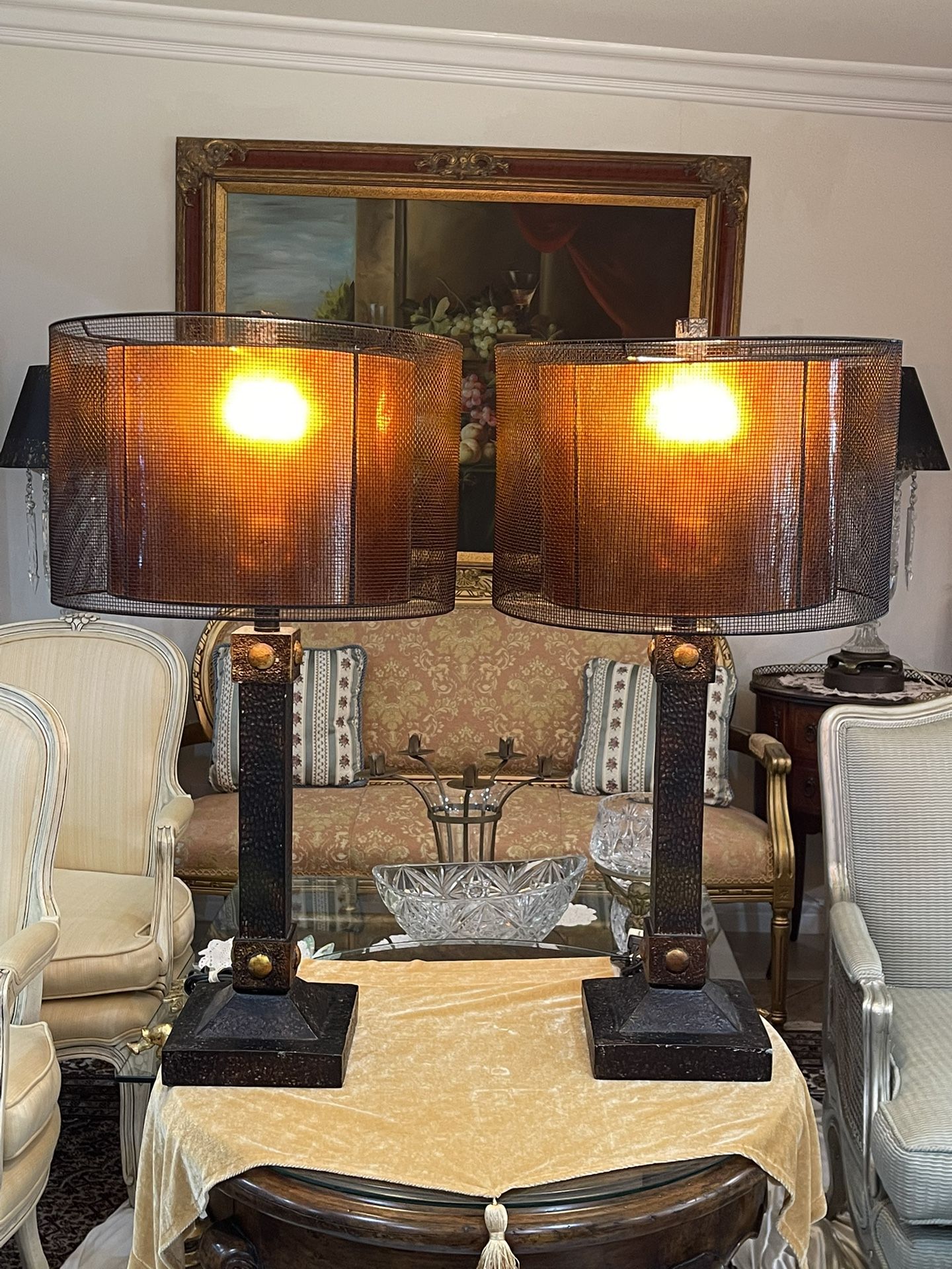 Pair of Beautiful Unique Lamps with Amber Mica Shade Beneath a Black Metal Mesh & Dark wood Base🌷