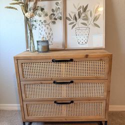 Wooden Rattan 3 Drawer Dresser w/ Wall Art 