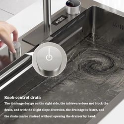 Kitchen Sink with Waterfall Faucet 304 Stainless Steel Sink Large Single Bowl Sink Display Water Temperature Complete Accessories (Size : 80x46cm)
