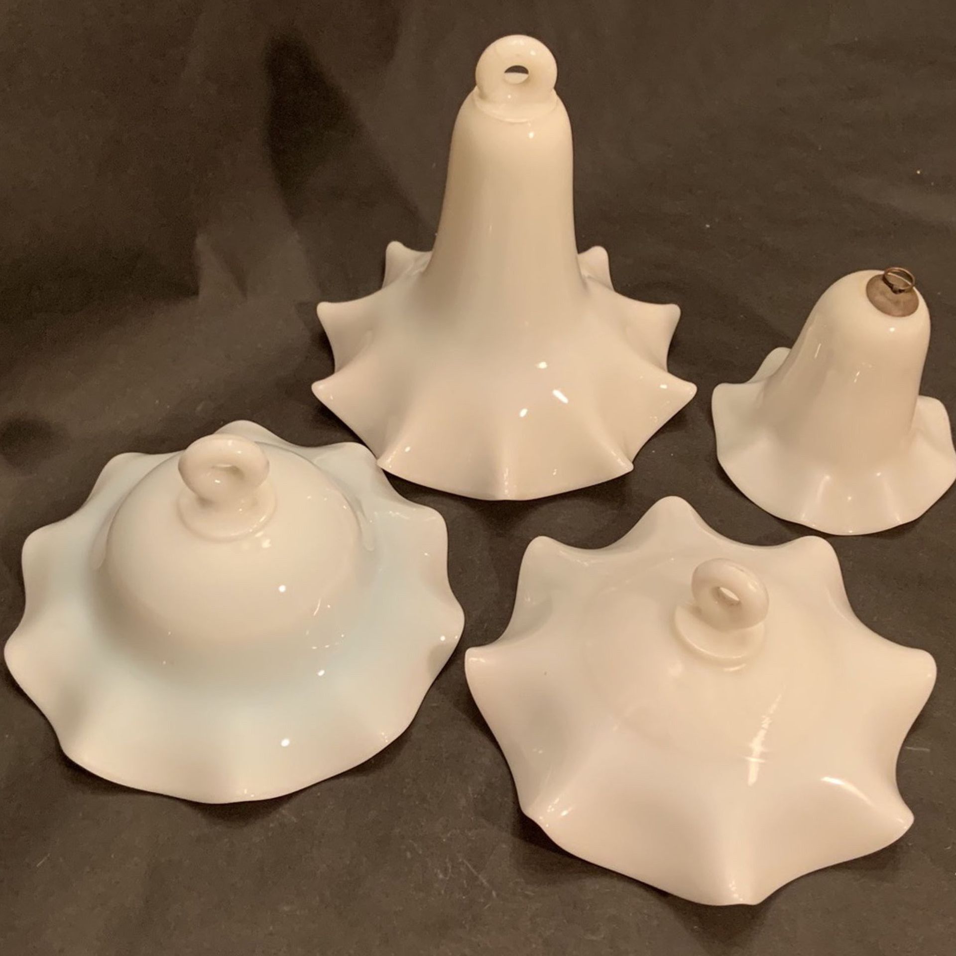 Vintage Lot Of (4) Ruffle White Milk Glass Oil Lamp Smoke Bell