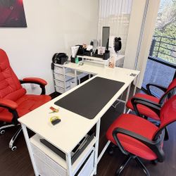 Office Furniture Set – Desk, Leather Executive Chair, 2 Red Office Chairs (Can Buy Separately)
