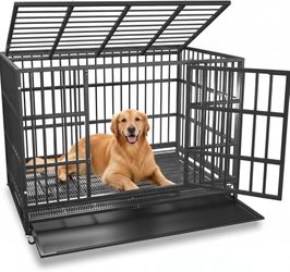 ES184 $100  48 Inch Heavy Duty Dog Crate Cage with Wheels, Indestructible and Escape Proof Steel Kennel Indoor for High Anxiety Dogs with Sturdy Locks