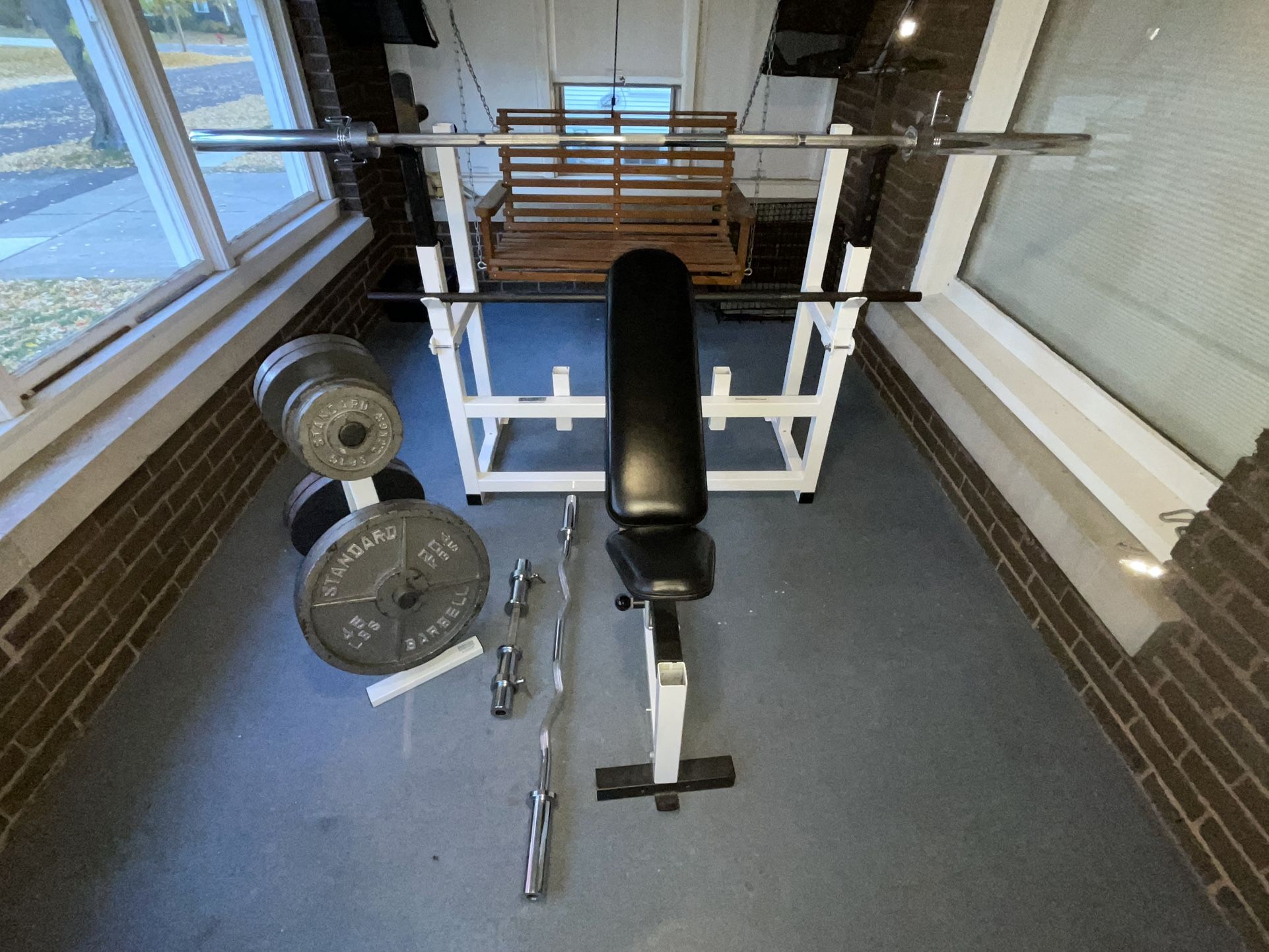 Bench/Squat Rack, Barbells, 255lbs, & Tree