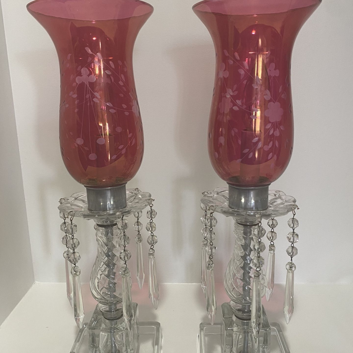 Antique Luster Table Lamps 2 Prism Cut Etches Glass Hurricane Shade