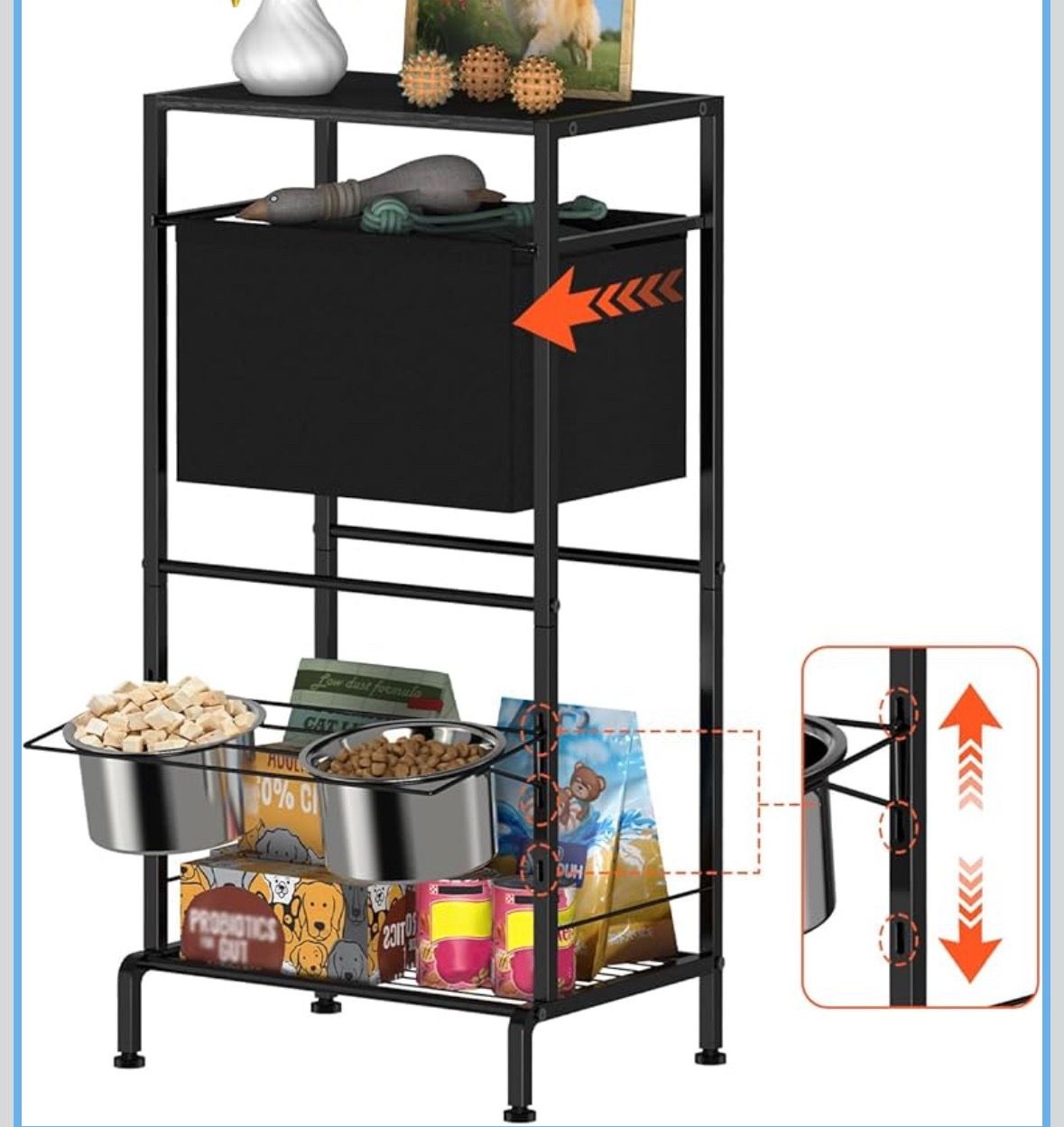 Elevated Dog Bowl Stand with 3-Tier Storage, 3 Adjustable Heights Raised Dog Feeding Station with Basket and Shelves for Small Medium Large Dogs Cats,