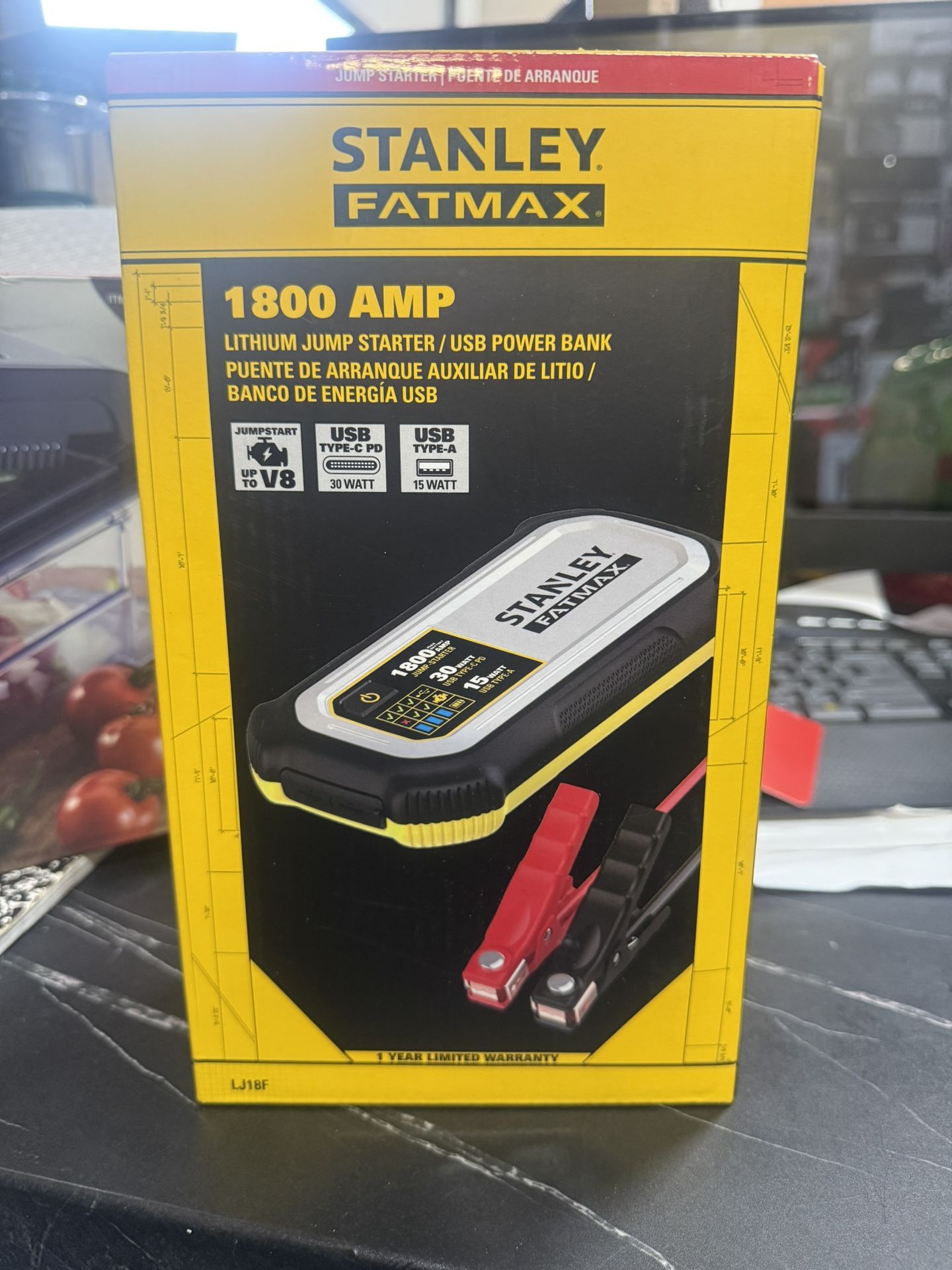 Stanley FatMax 1800A Lithium Jump Starter with 30W USB-C-PD In/Out and 15W USB-A Out, Includes Clamps