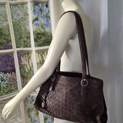 BRIGHTON Full Harvest  Moon Woven Curliques Unique Stitching Appliqued Purse Bag