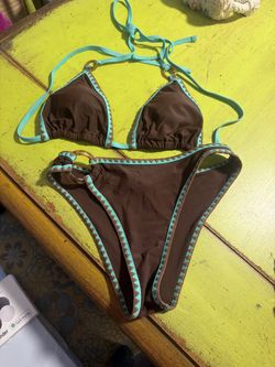 Brown Bikini Two-Piece, Turquoise Trim, Tortoiseshell Rings
