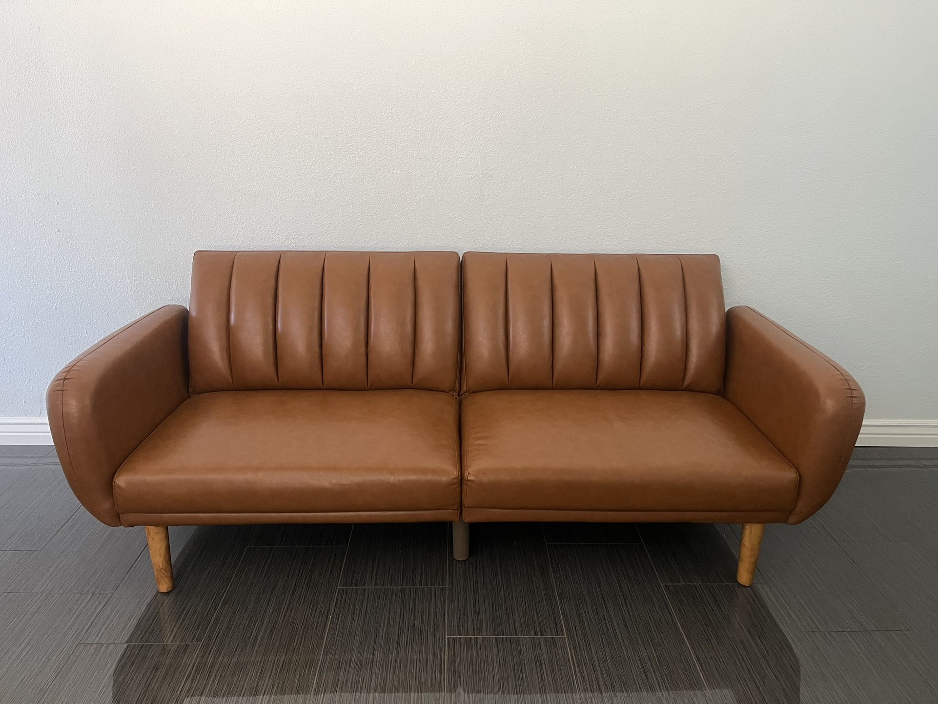 Cute Caramel Faux Leather Convertible Sofa
