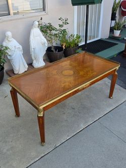 Antique 1930s French Louis XVI Revival Inlaid Walnut Coffee Table.