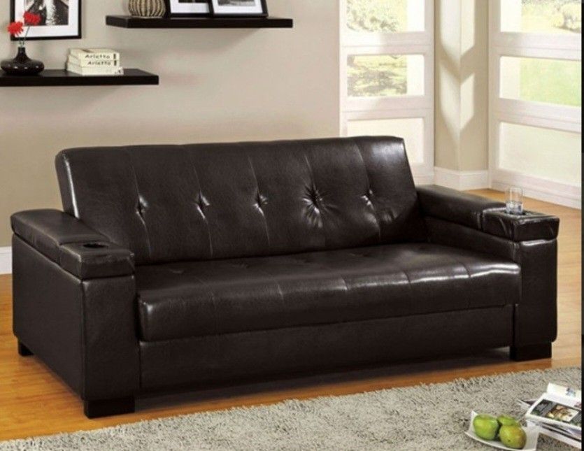 Brand New Espresso Leather Futon Sofa Storage Sleeper