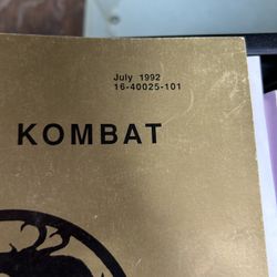 Original Midway Mortal Kombat July 1992 Arcade Manual 