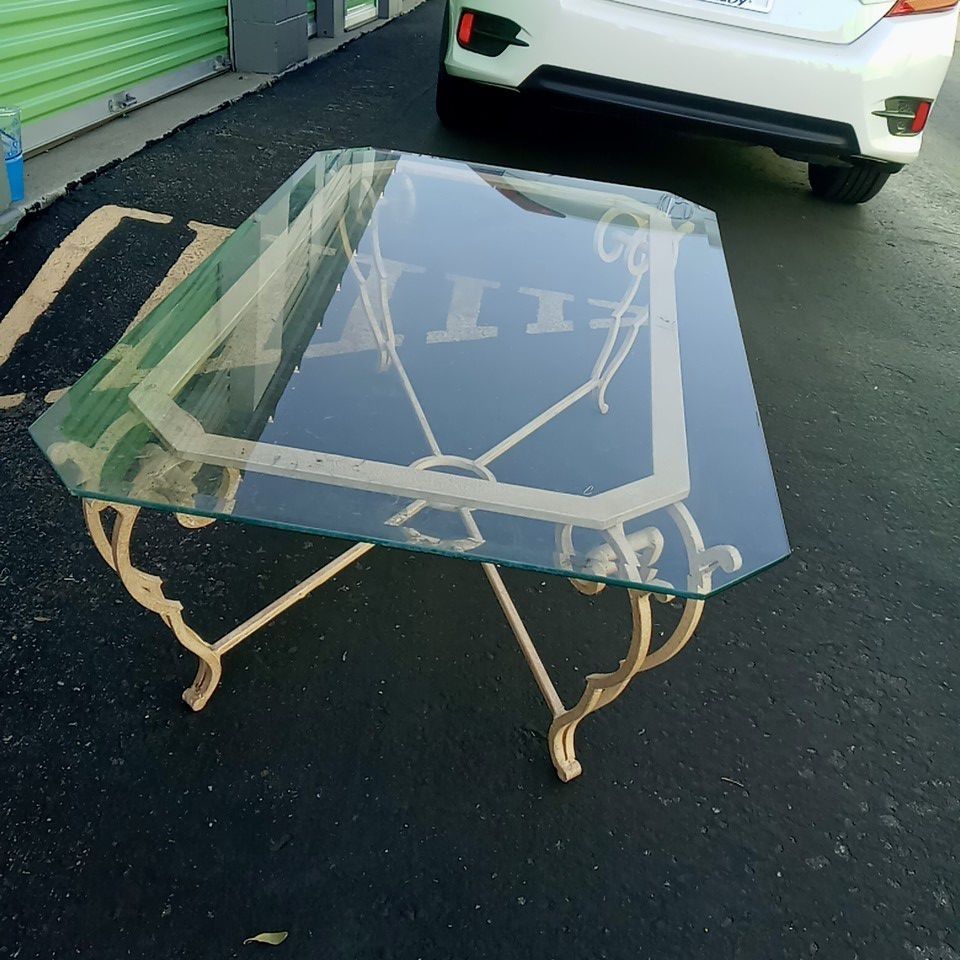Coffee/ End Table set, heavy beveled glass tops, iron bases with vase display centers, very high quality not lightweights