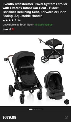 Evenflo Transformer Travel System Stroller with LiteMax Infant Car Seat - Black: Bassinet Reclining Seat, Forward or Rear Facing, Adjustable Handle