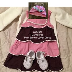 GUC 2T Gymboree Pink & Brown Layer Dress & NWOT Pink Headwrap 