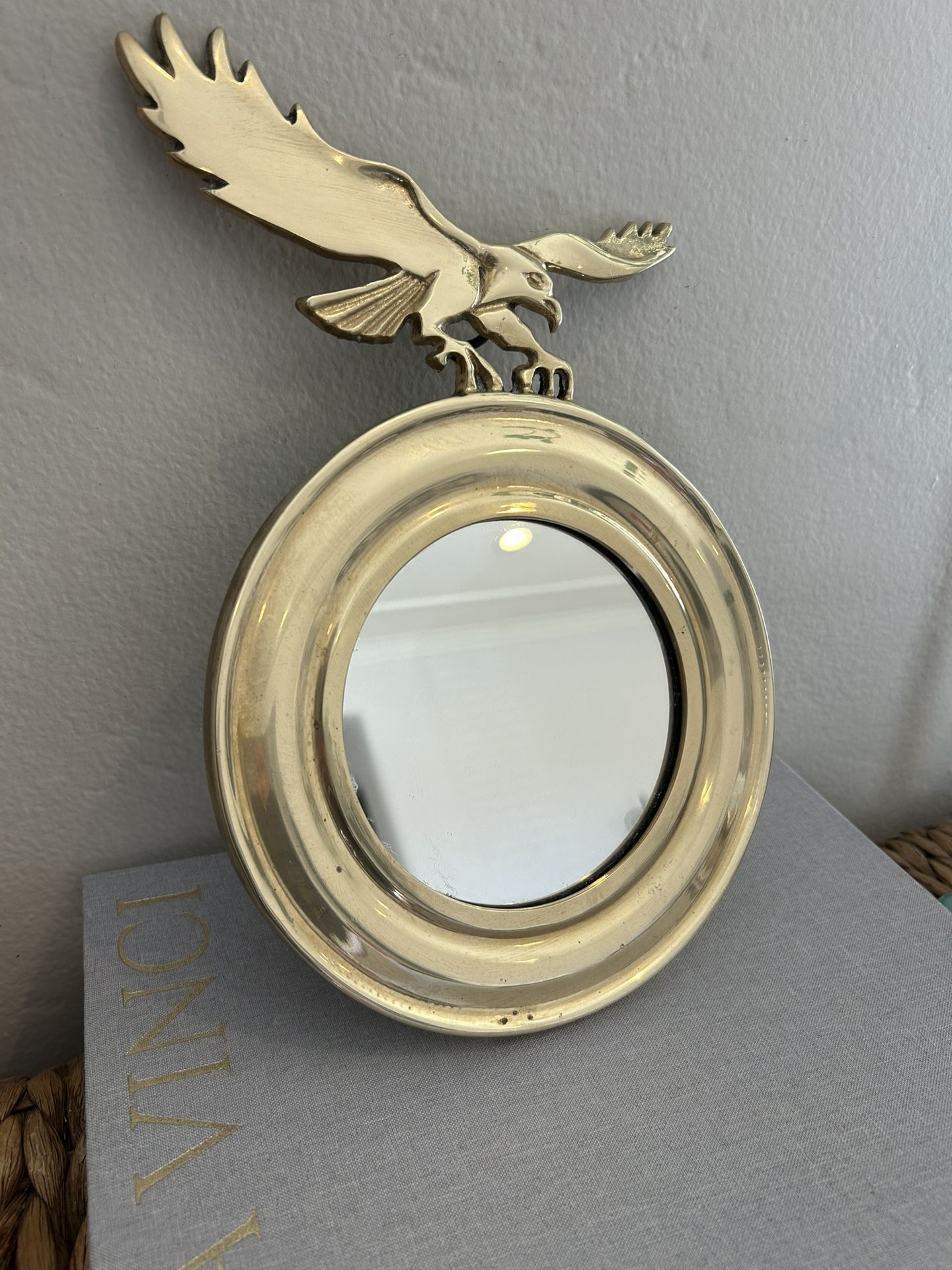 Vintage Round Solid Brass Mirror Eagle Federal Americana Decor Accent Wall Hanging Colonial Antique Collectible Eagle Regency Deco Mid Century Era 