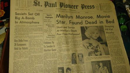 Saint paul pioneer press paper that says maryln monroe moviestar found dead from 1962