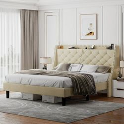Queen Bed Frame with Upholstered

Wingback Button Tufted Storage

Headboard, Luxurious Platform Bed with Charging Station, Sturdy Wooden Slats Support