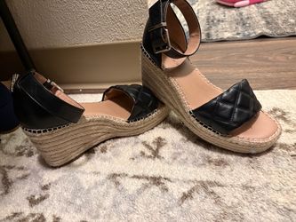Black Quilted Espadrille Wedge Sandals