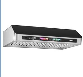 36-inch under-cabinet extractor hood with voice control, gestures, touch, 900 CFM stainless steel and kitchen vent hood with black tempered glass duct