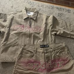 Vintage-inspired SP5DER set – rare Spöiler style work jacket + matching baggy pants in tan/khaki denim.