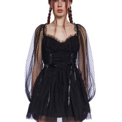 HEAVENLY AFFAIR BABYDOLL DRESS - BLACK SWISS DOT  