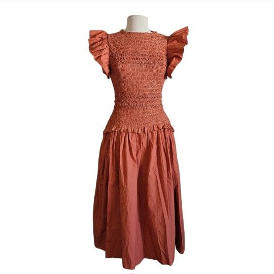 ULLA JOHNSON Madeline smocked cotton-jersey and cotton-poplin midi Dress Size 6