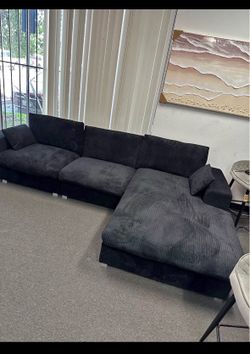 New 113" Black Corduroy Fabric Sectional Sofa L-Shape Sofa