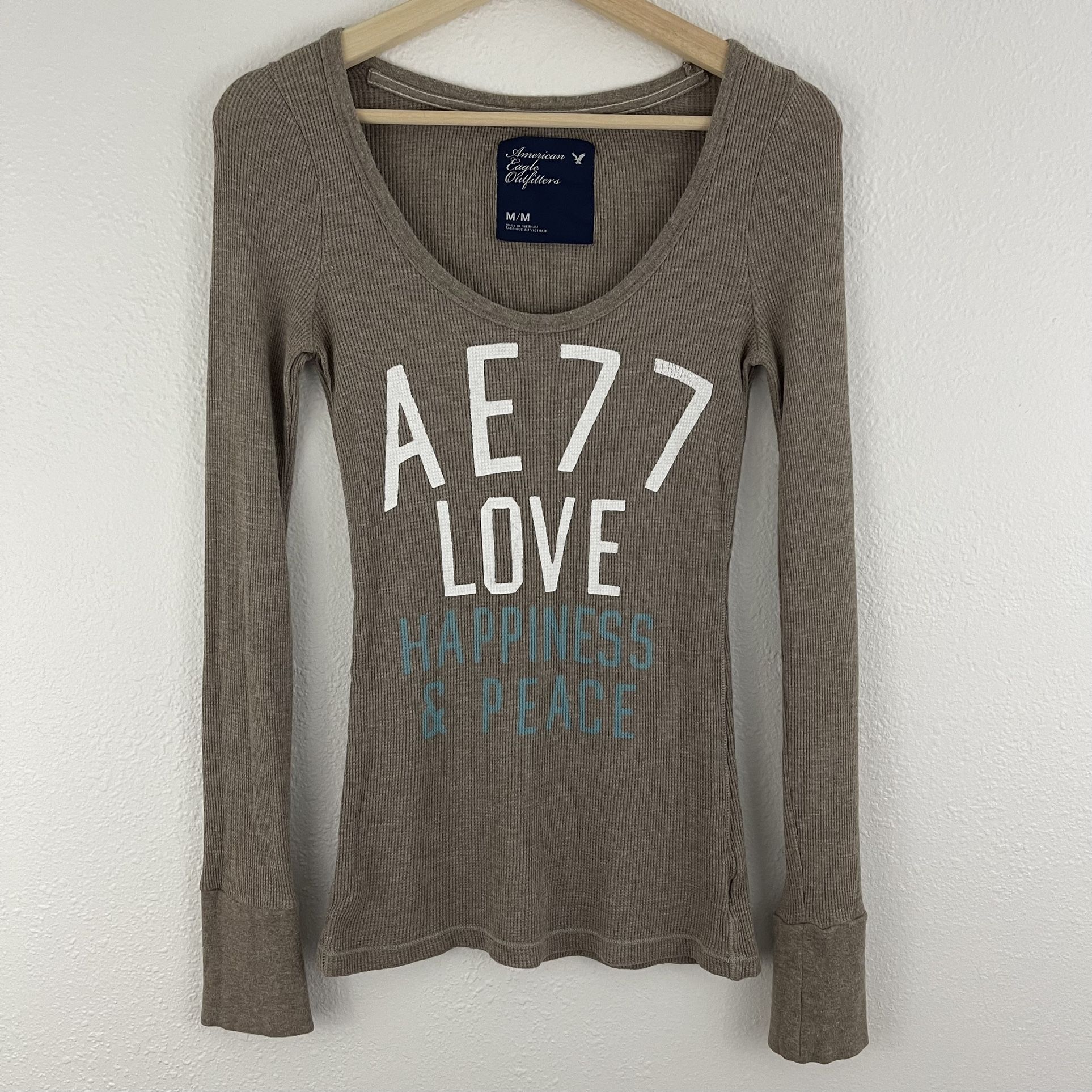 AMERICAN EAGLE Brown Bella Swan Waffle Knit Scoop Neck Fitted Long Sleeve Top