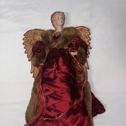 Decorative Angel Doll Figurine – Burgundy Red Gown with Gold Wings – Home Décor Accent