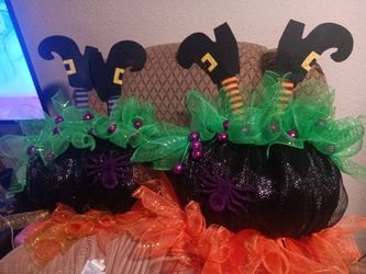 Halloween witch in a caldron wreath