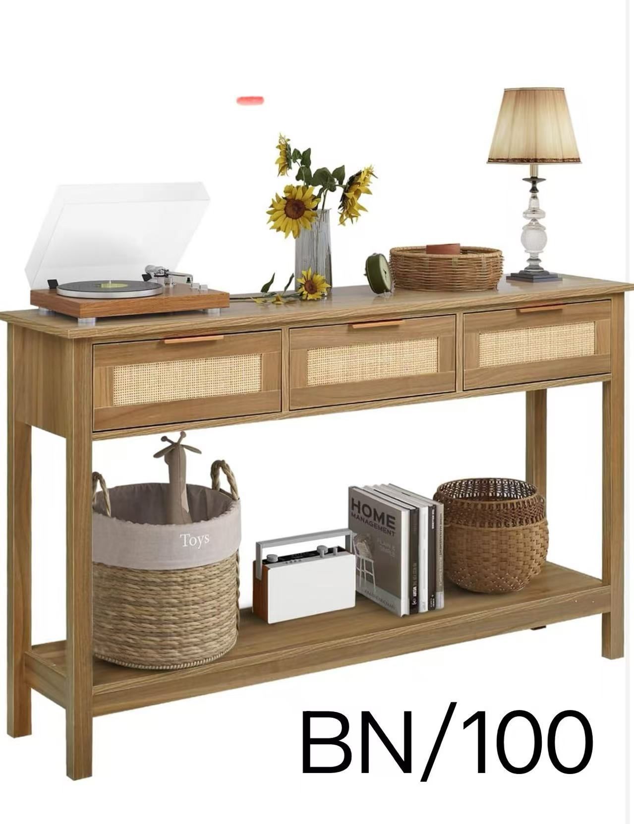 Rattan Console Table Boho Entryway Table Narrow Long Sofa Table Hallway Foyer Table Behind Couch Table with 3 Drawers and Open Storage Shelf for Livin