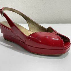 Prada ~ Women's Red Patent Leather Open Toe Ankle Buckle Wedge Heel ~ Size EU 38