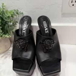 Versace Black Leather Mules with Platform Heel