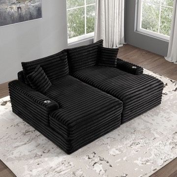 BLACK DOULE CHAISE SOFA LOUNGE CELL CHARGER PADDED CHENILLE