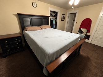 QUEEN Black Panel Bed with Cherry Top Rail - Headboard, Footboard, Rails