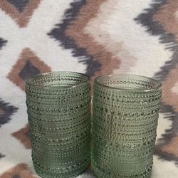 12oz Green Highball Glasses, Set of 2, Thick Beaded Textured Glass
