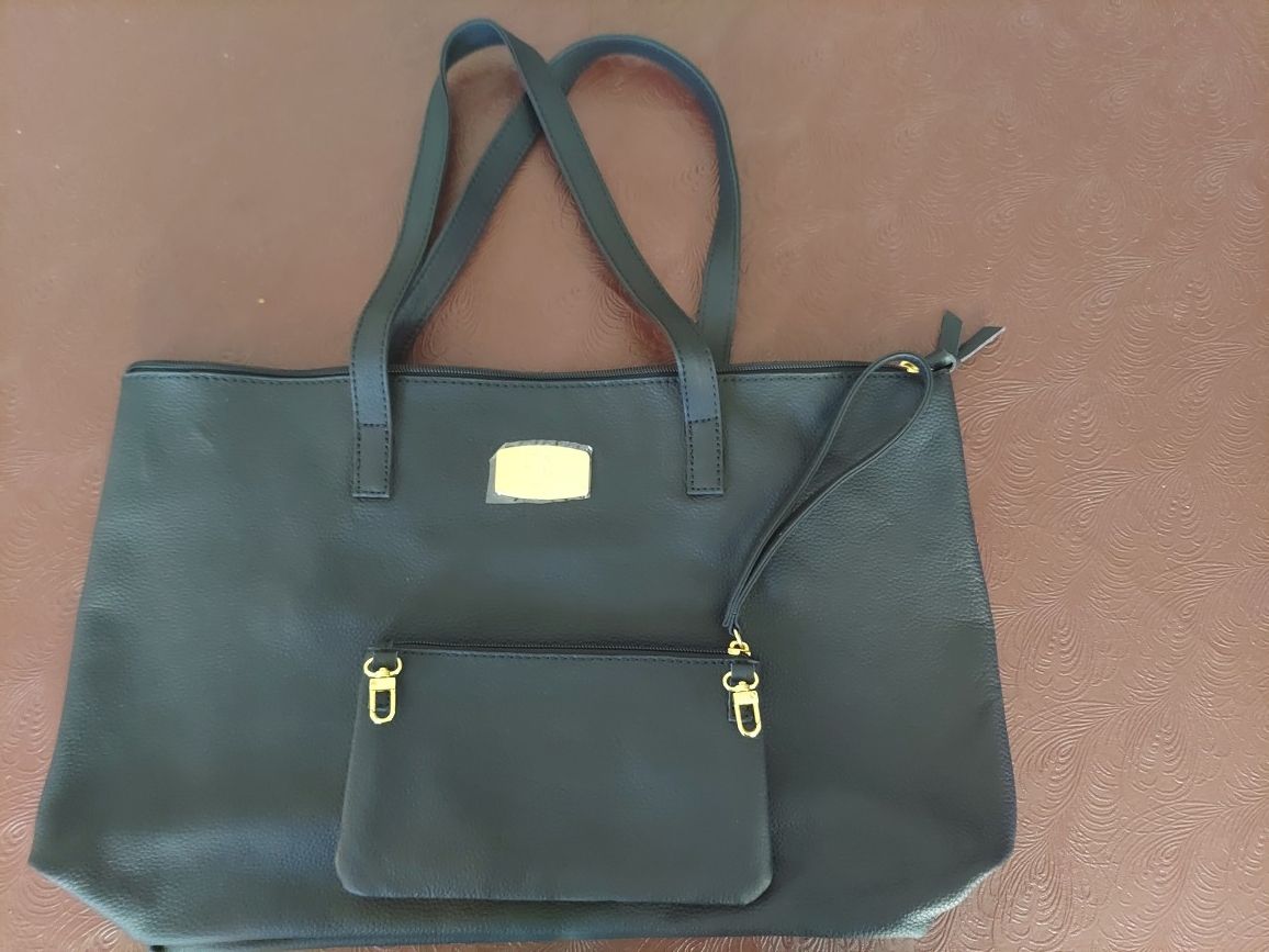 NEW Joy Mangano JET BLACK Smart Zipper Tote Bag With RFID Protected Clutch Wallet 