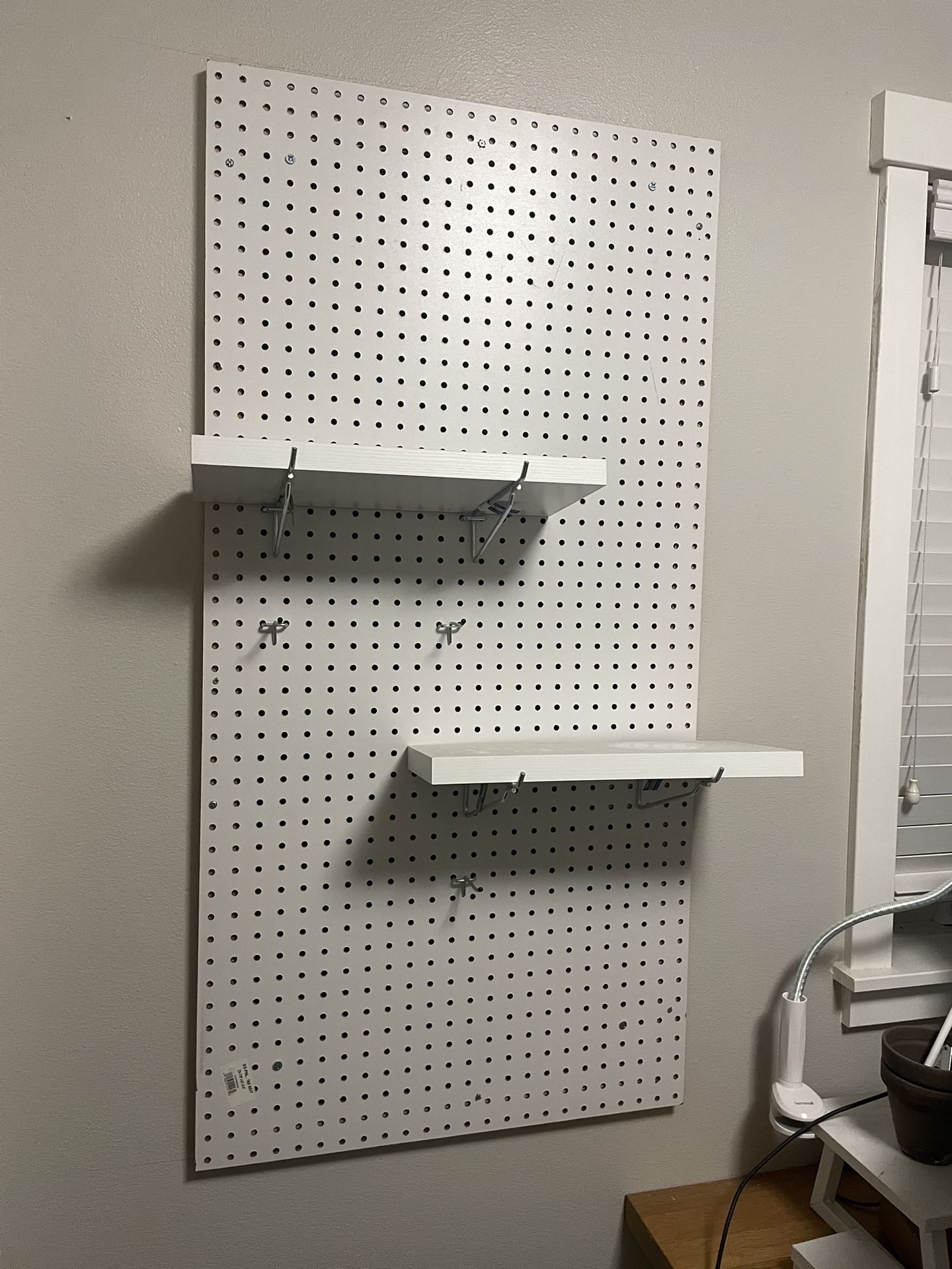Two White Pegboard Wall Panels w/ Shelves & Hooks – 4’ x 2’ each (bundle)