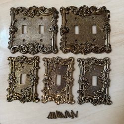 Vintage American Tack 1967 Brass Wall Plate Lot 5 Ornate Switch Covers w/Screws