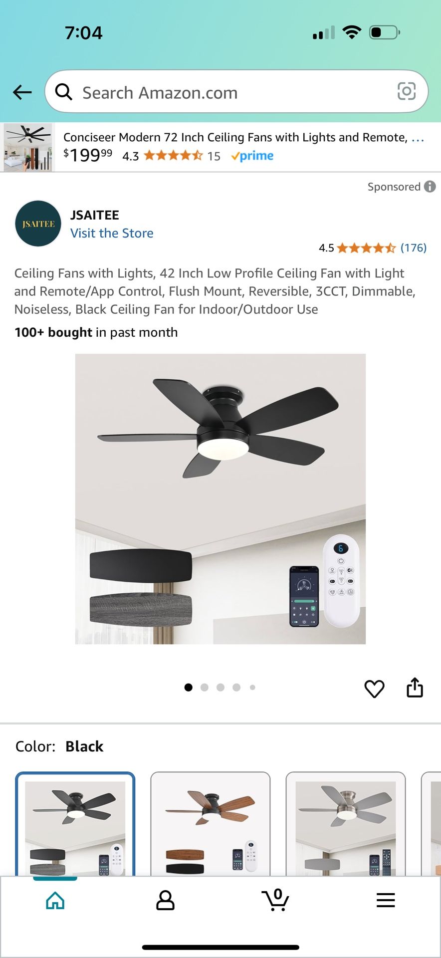 Ceiling Fans with Lights, 42 Inch Low Profile Ceiling Fan with Light and Remote/App Control, Flush Mount, Reversible, 3CCT, Dimmable, Noiseless, Black