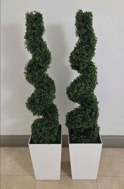 *** JUST REDUCED *** PAIR of 46" Faux Boxwood Spirals in 16" Textured Planters (2 for $110) @ Lasting Creations