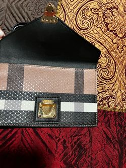 New Black Plaid Structured Handbag with Gold Hardware