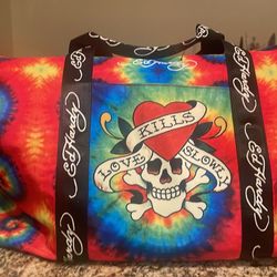 Ed Hardy Unisex Black/Rainbow Skull Tatoo Print Nylon Duffle Bag with Adjustable Strap