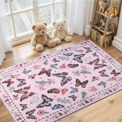 Pink Butterfly Washable Area Rug  5 X 7
