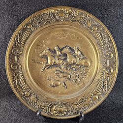 Vintage 14.25" Plate Brass/Copper Decorative Wall Art Depicting An English Fox Hunt On Horseback 